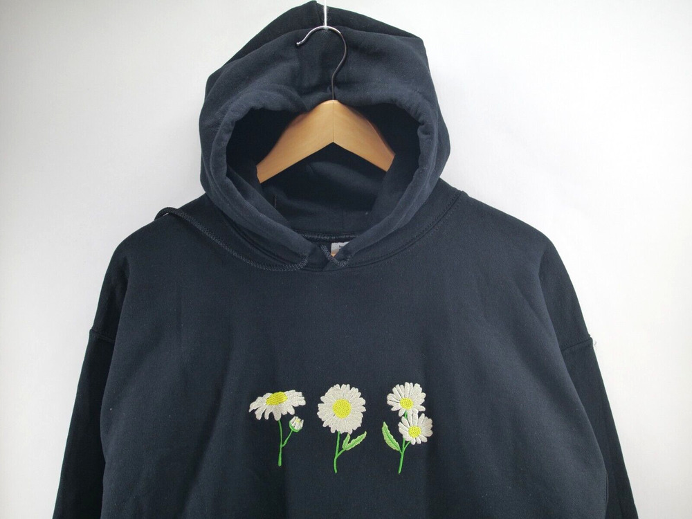 Custom Embroidery Hoodie L Dandelion Embroidered Front and Back Large Black